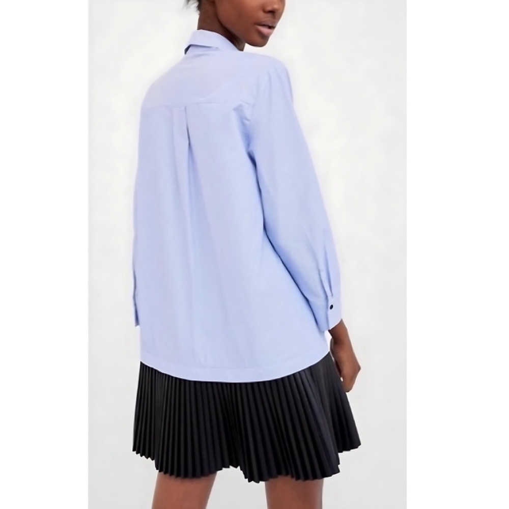 Zara Contrasting Shirt Dress Stripes and Black Faux Leather Skirt Blue Black - Picture 3 of 9